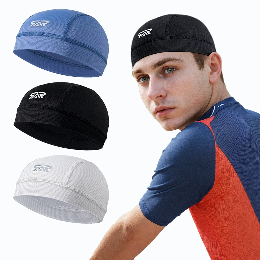 A man is shown wearing a black cycling cap, with various colors of the quick dry cycling cap displayed nearby.