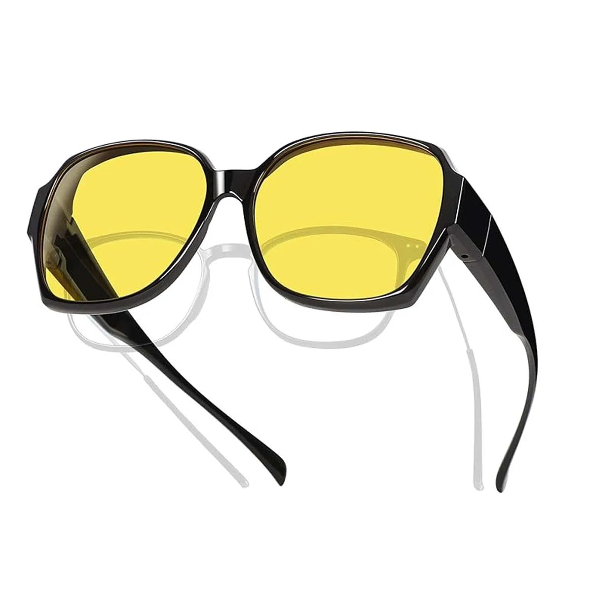 Eine Paar große, gelb getönte Sonnenbrille mit schwarzen Rahmen.