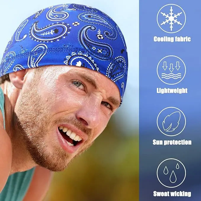 A man wearing a blue patterned breathable printed headscarf cap for activewear, highlighting cooling fabric and sweat-wicking