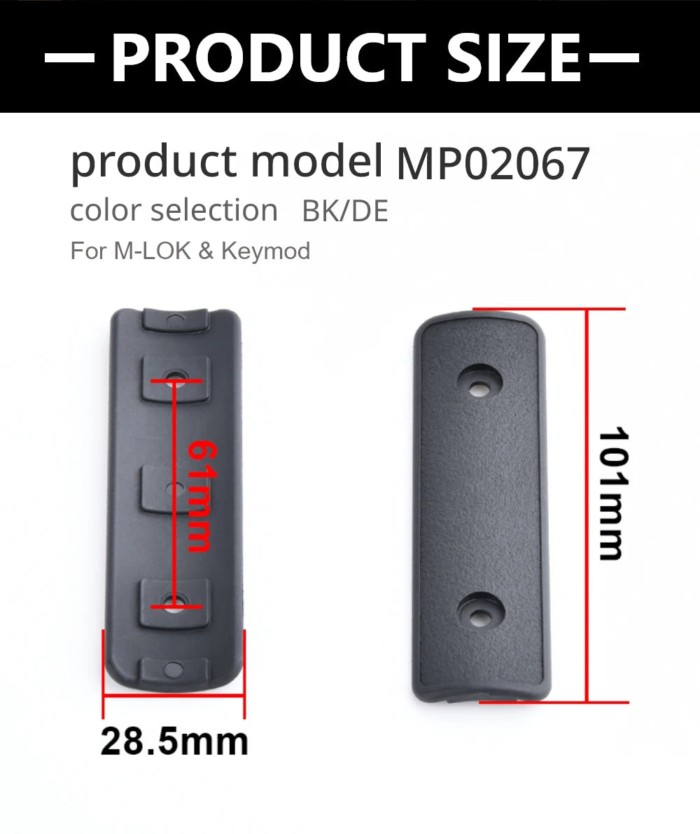 A black tactical rail panel kit with dimensions 61mm by 28.5mm for M-LOK & Keymod systems.