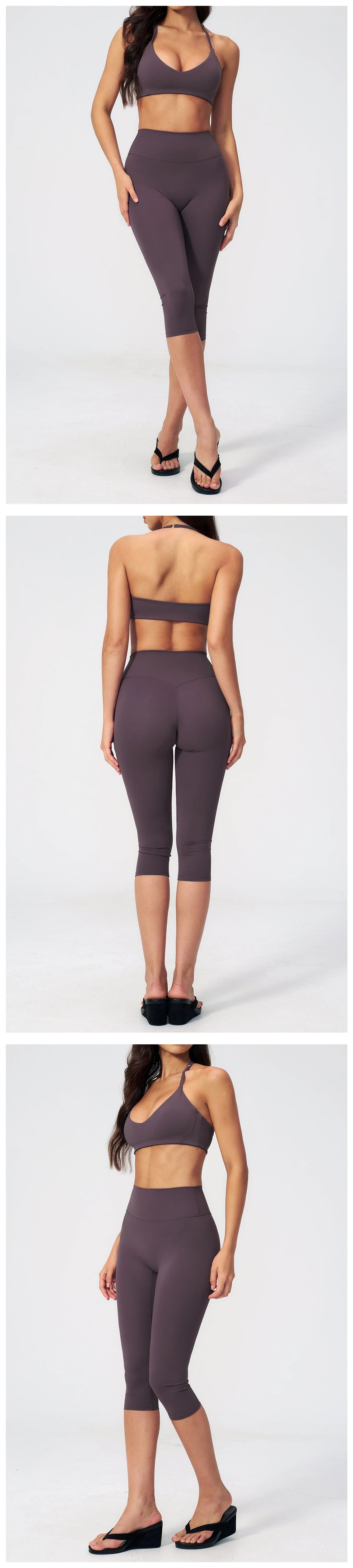 A woman models a dark plum women's premium fitness tracksuit, showing the full-length suit from the front and back.