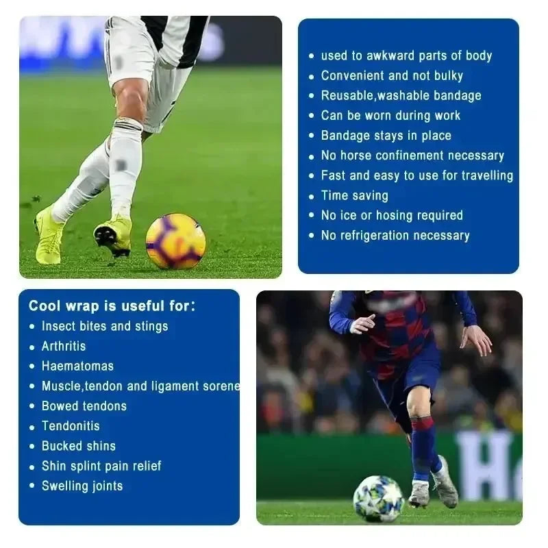 Self-adhesive instant cooling ice tape used for muscle recovery applied to a leg during sports or work.