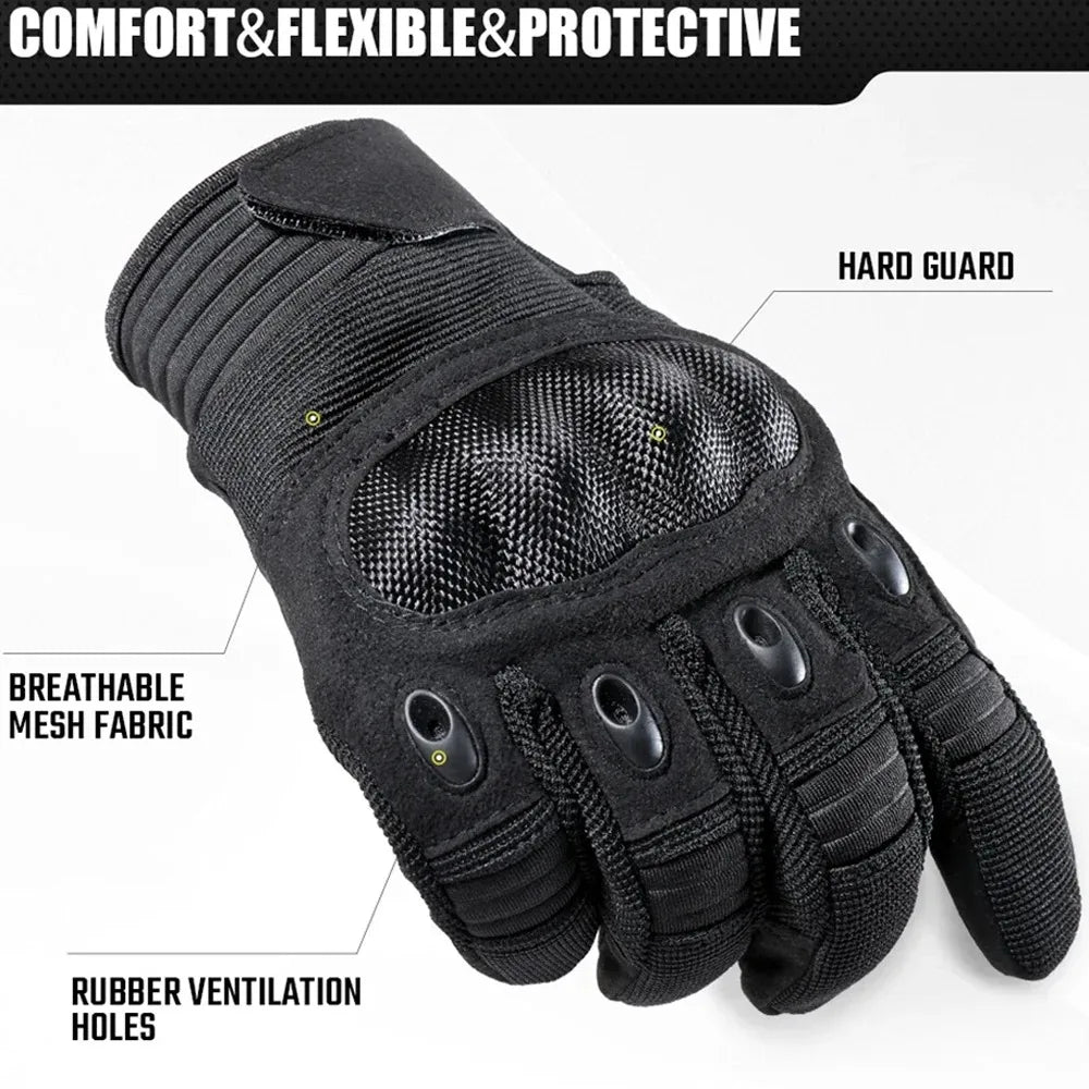Black tactical full-finger motorcycle gloves featuring hard guard and breathable mesh fabric
