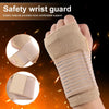 A hand wearing a beige elastic wrist guard, showing the texture and support for protection.