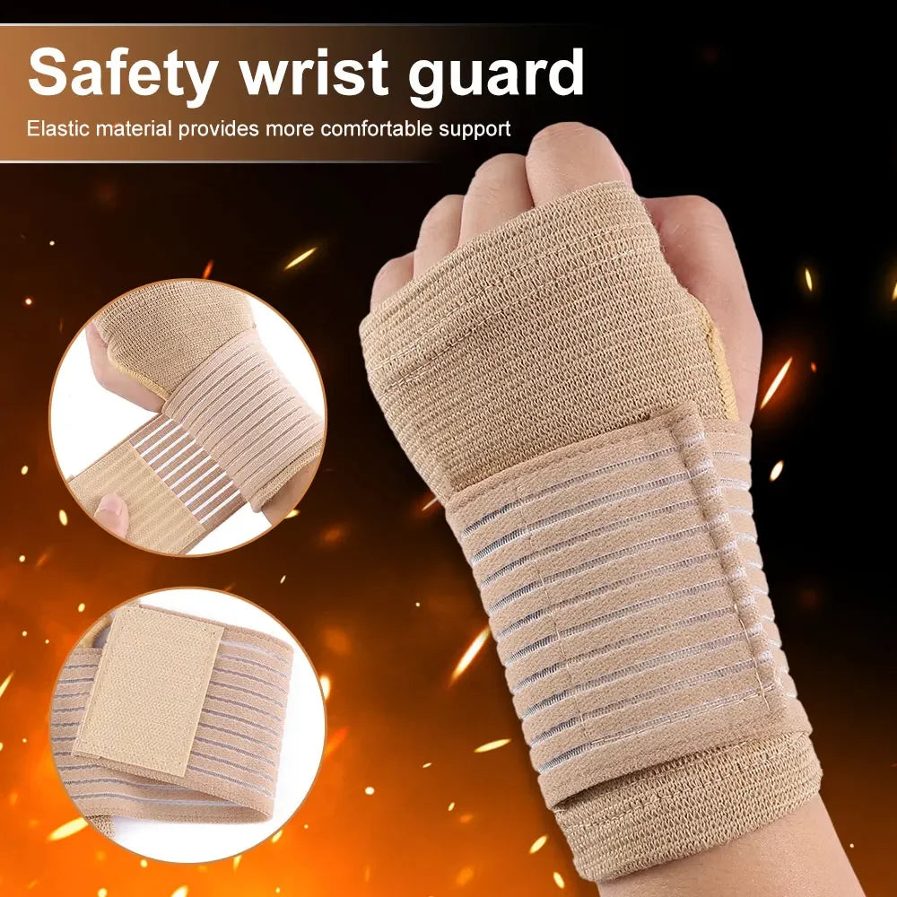 A hand wearing a beige elastic wrist guard, showing the texture and support for protection.
