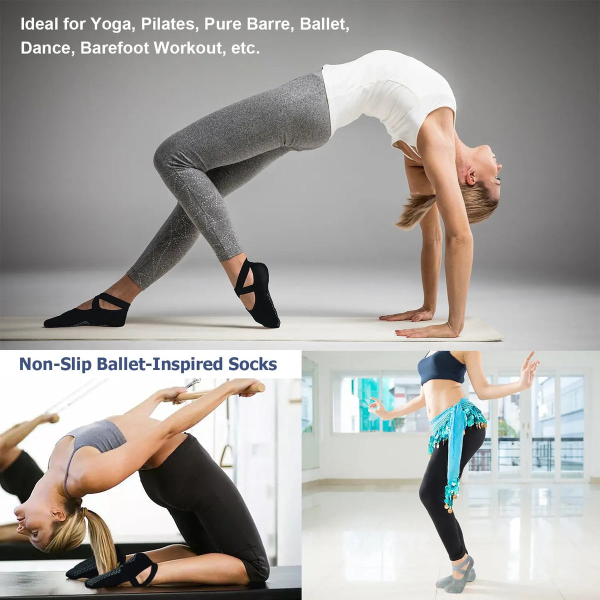 Una mujer haciendo una pose de yoga o ballet usando calcetines antideslizantes en una esterilla clara.