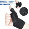 Black reversible thumb pain relief wrist brace shown on a hand and separate product view.