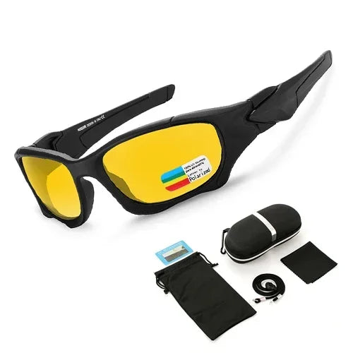 A pair of black polarized sports sunglasses with yellow lenses and a black case are displayed on a white background.