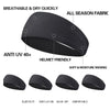 Black breathable and dry sports headband shown from the side with features like anti UV protection and helmet friendly design