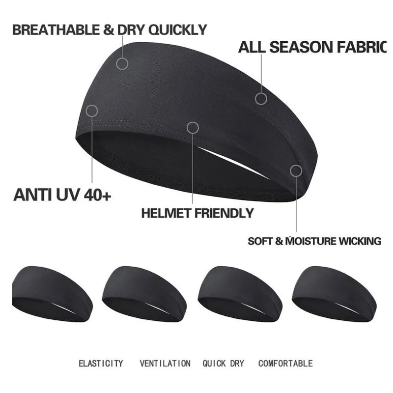 Black breathable and dry sports headband shown from the side with features like anti UV protection and helmet friendly design
