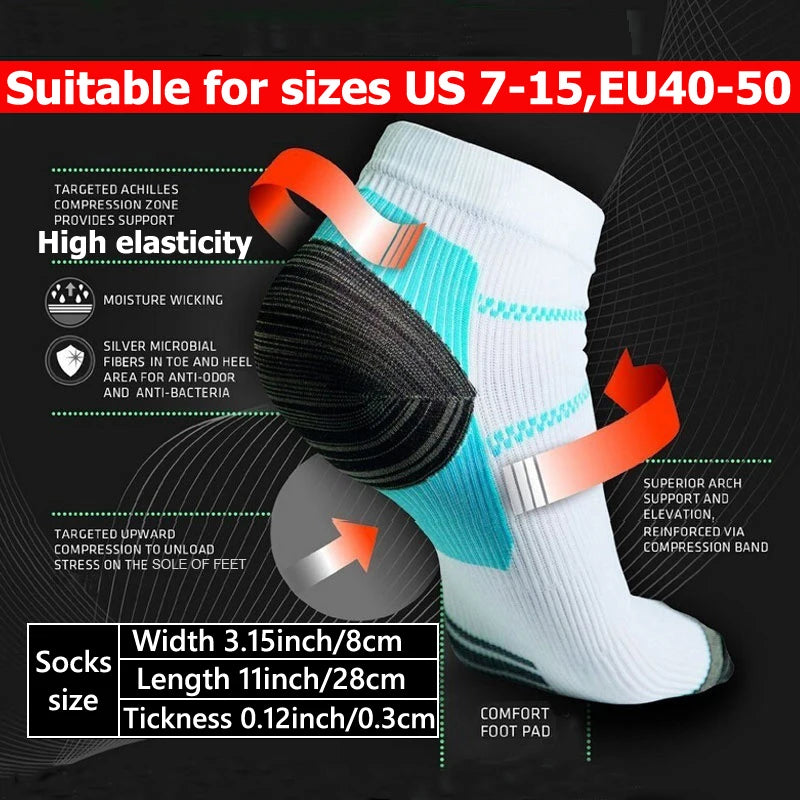 White ankle compression socks with silver microbial fibers and a reinforced toe and heel area.