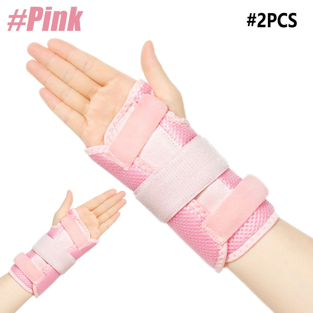 Pink dual wrist support brace for tendonitis and carpal tunnel shown on a hand.