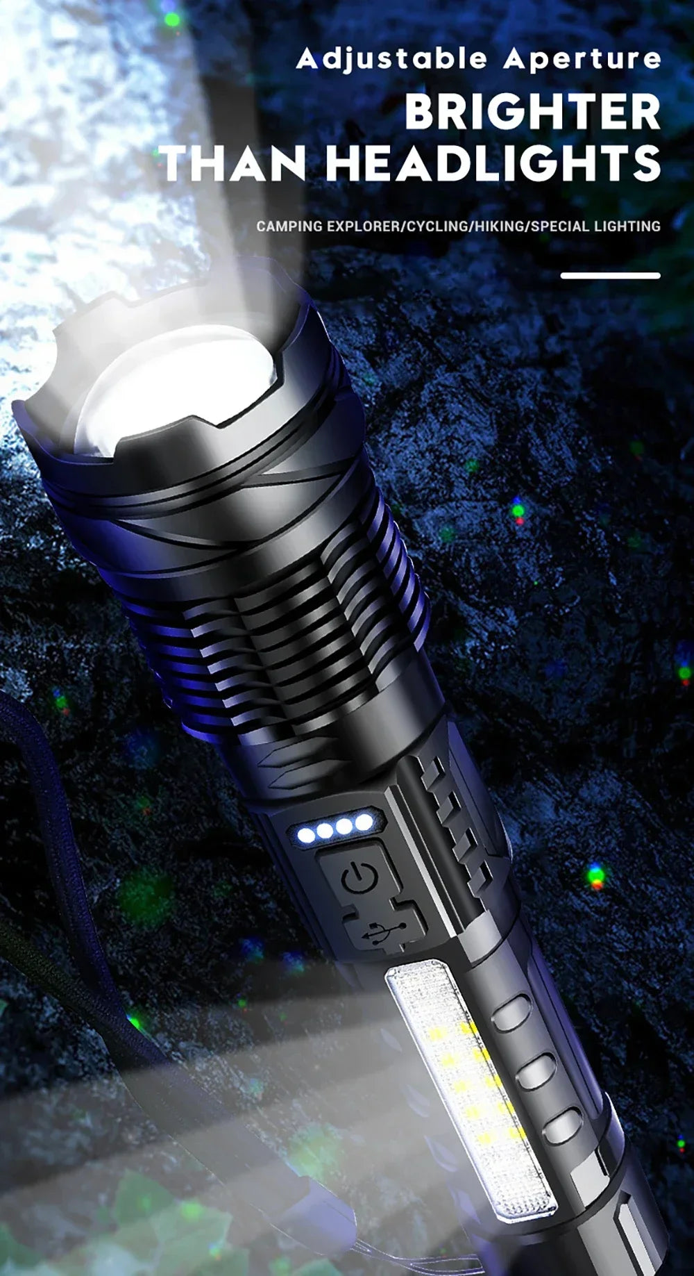 A tactical LED flashlight with an adjustable aperture, showing a bright beam and a visible USB charging port.