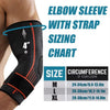 Black elbow sleeve with a strap and sizing chart showing sizes M, L, and XL.
