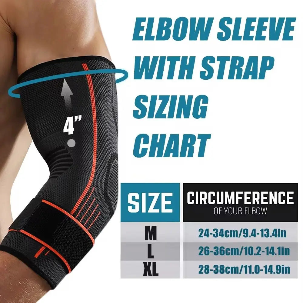 Black elbow sleeve with a strap and sizing chart showing sizes M, L, and XL.
