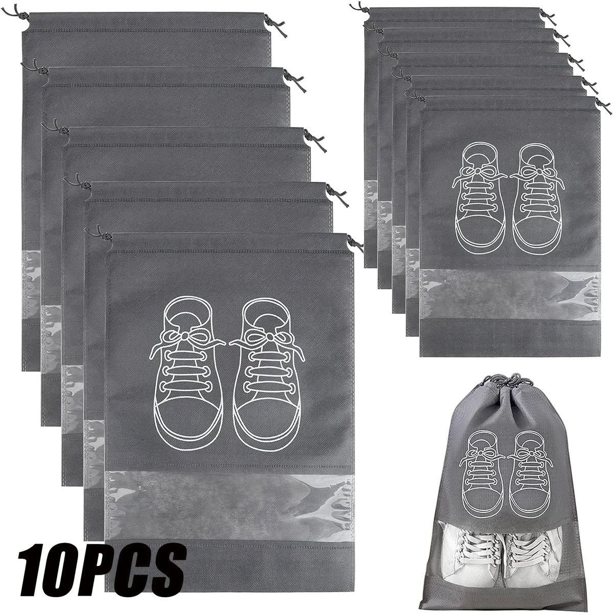 A set of ten reusable non-woven shoe storage bags in gray fabric, shown in a stacked arrangement.