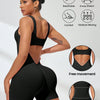 A woman models a black, breathable, 4-way stretch athletic bodysuit with tummy control features.