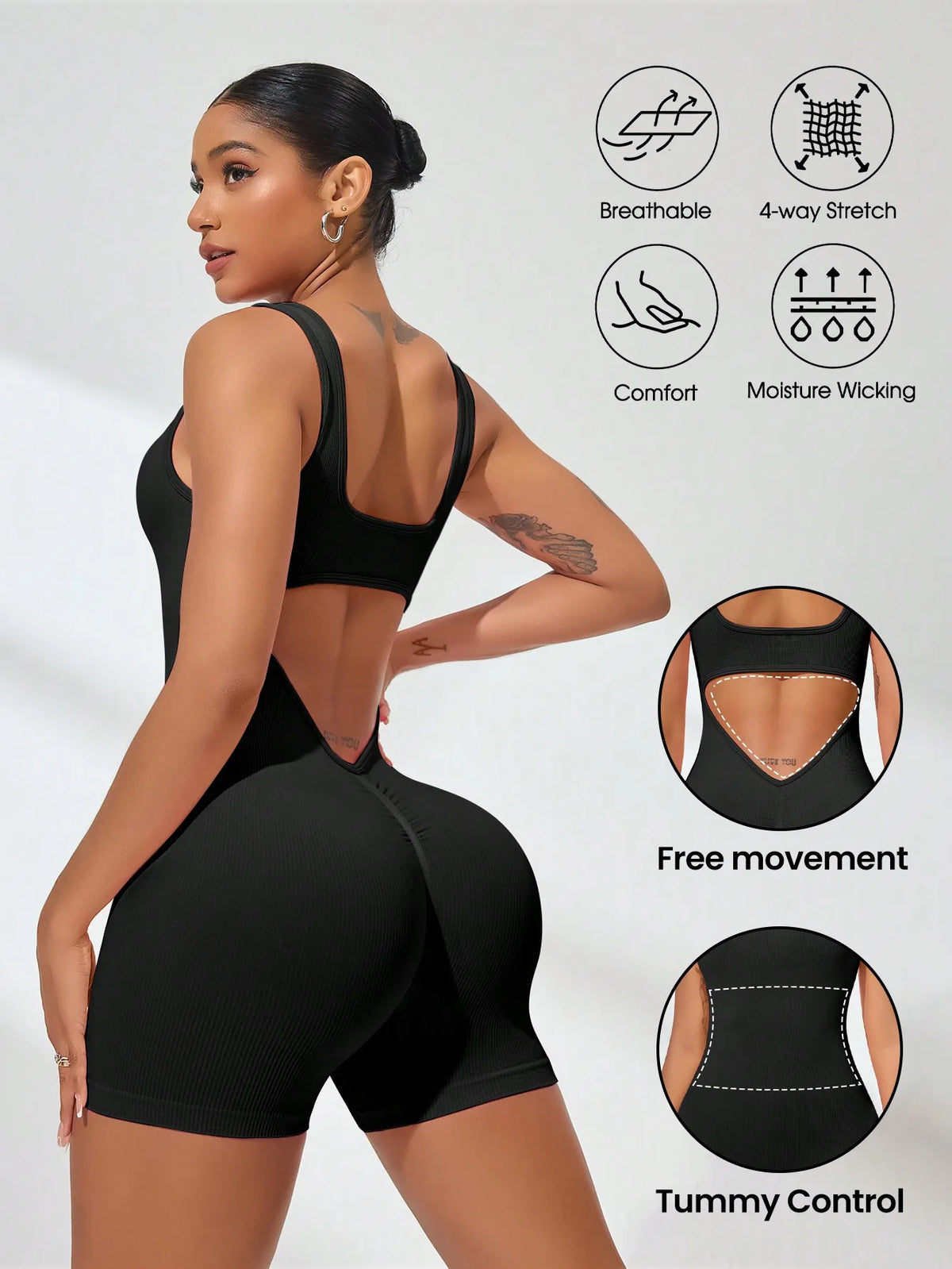 A woman models a black, breathable, 4-way stretch athletic bodysuit with tummy control features.