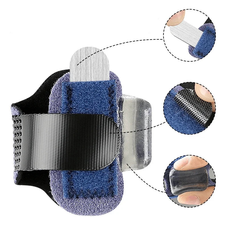 A close-up view of an adjustable toe splint featuring a padded strap and a metal piece for support.