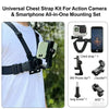 A chest strap kit for mounting a smartphone and action camera onto a person's clothing.