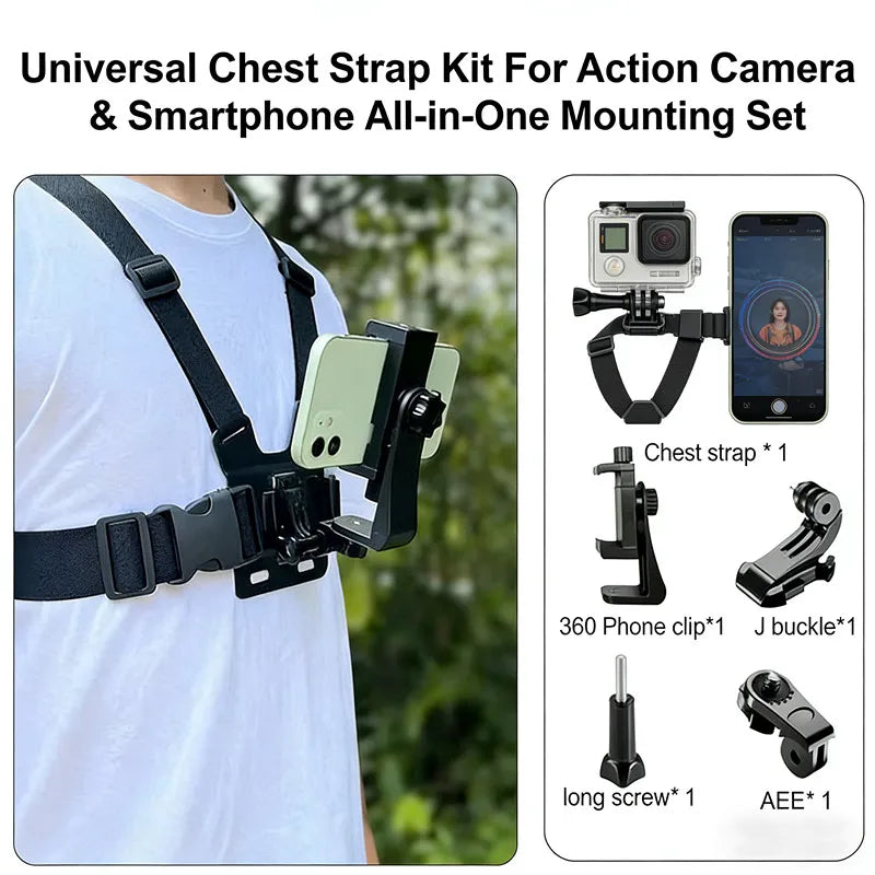 A chest strap kit for mounting a smartphone and action camera onto a person's clothing.