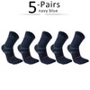 Five pairs of navy blue men's sport compression socks displayed flat.