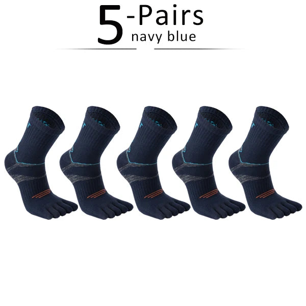 Five pairs of navy blue men's sport compression socks displayed flat.