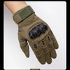 A close-up of olive green tactical full finger gloves with a black mesh palm and a ribbed cuff.