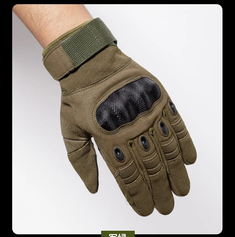 A close-up of olive green tactical full finger gloves with a black mesh palm and a ribbed cuff.