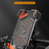 Support de téléphone anti-choc avec verrouillage automatique pour vélo ou moto, design orange et noir.