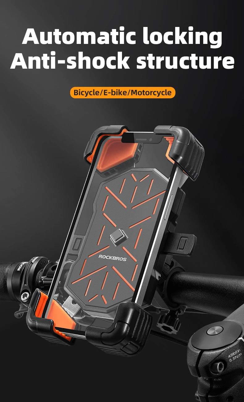 Support de téléphone anti-choc avec verrouillage automatique pour vélo ou moto, design orange et noir.
