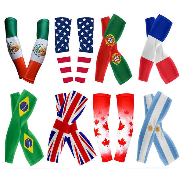 Collection de manches featuring diverses drapeaux nationaux, dont les USA, le Royaume-Uni et le Canada.