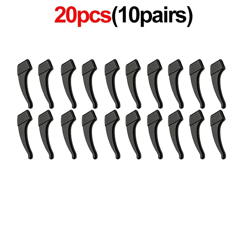 A set of 20 silicone eyeglass ear hooks for anti-slip grip, packaged in 10 pairs.