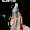 A hand holds a clear silicone water bottle with a pump dispenser, emphasizing its firmly sealed and waterproof quality.