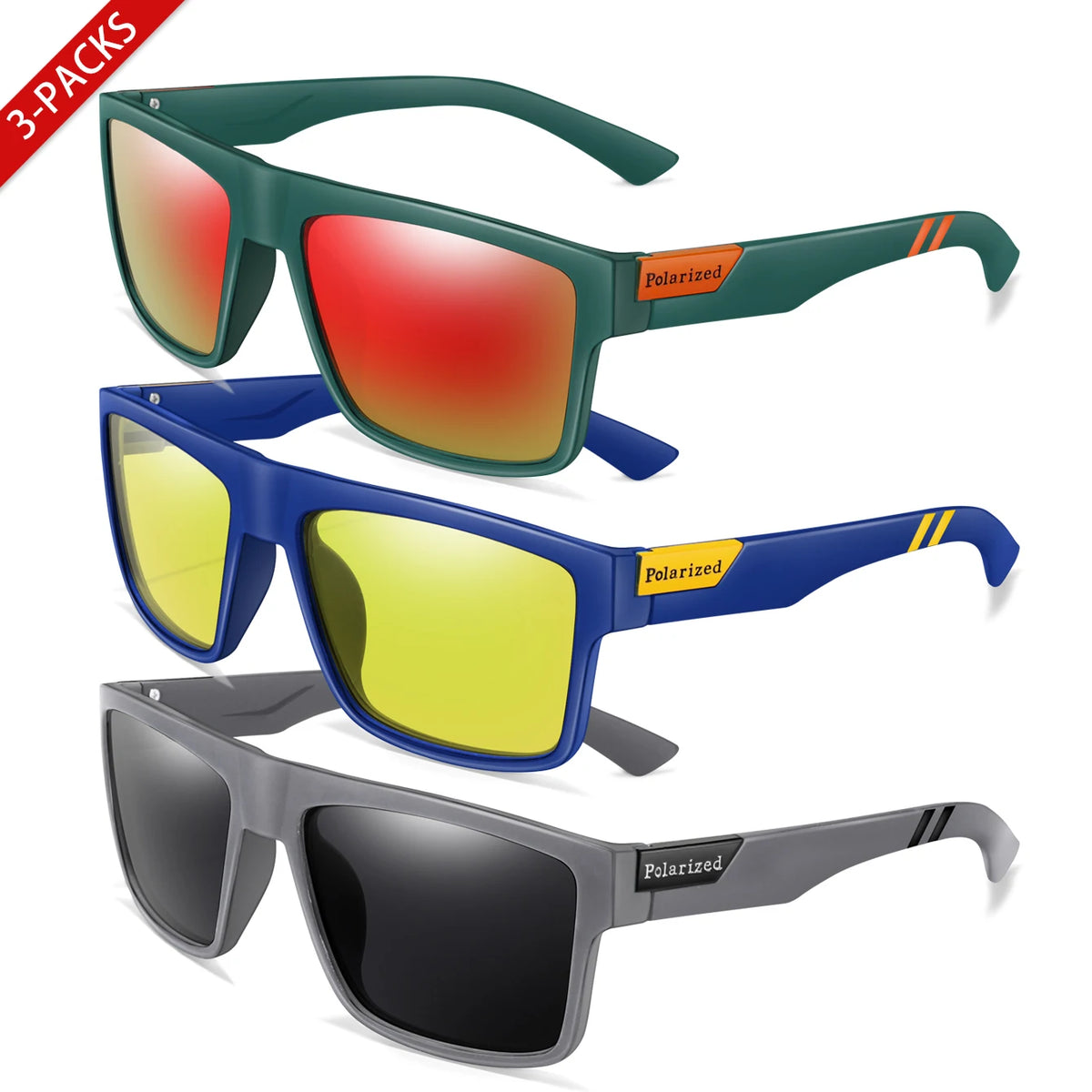 Three pairs of polarized square sunglasses in green, blue, and gray for outdoor sports
