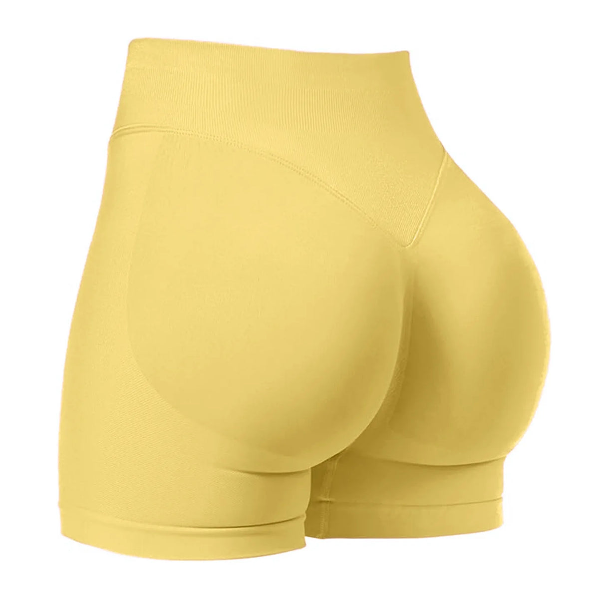 Un short de yoga sans couture jaune taille haute, vu de face.