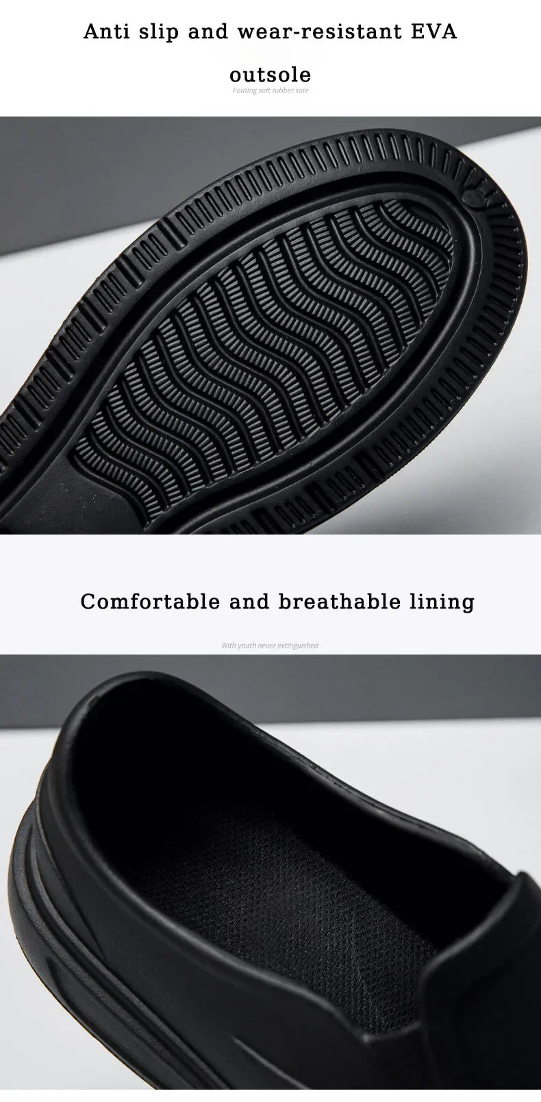 Close-up view of a black EVA clog sole and the interior lining of a shoe.