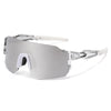 Clear plastic frame sunglasses with white accents and gray lenses shown against a white background.