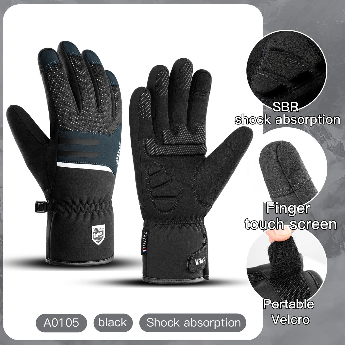 Black durable insulated ski and outdoor sports gloves shown with features like SBR shock absorption and finger touch screen