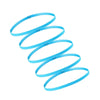 A set of five bright blue elastic sports headbands coiled in a spiral pattern.