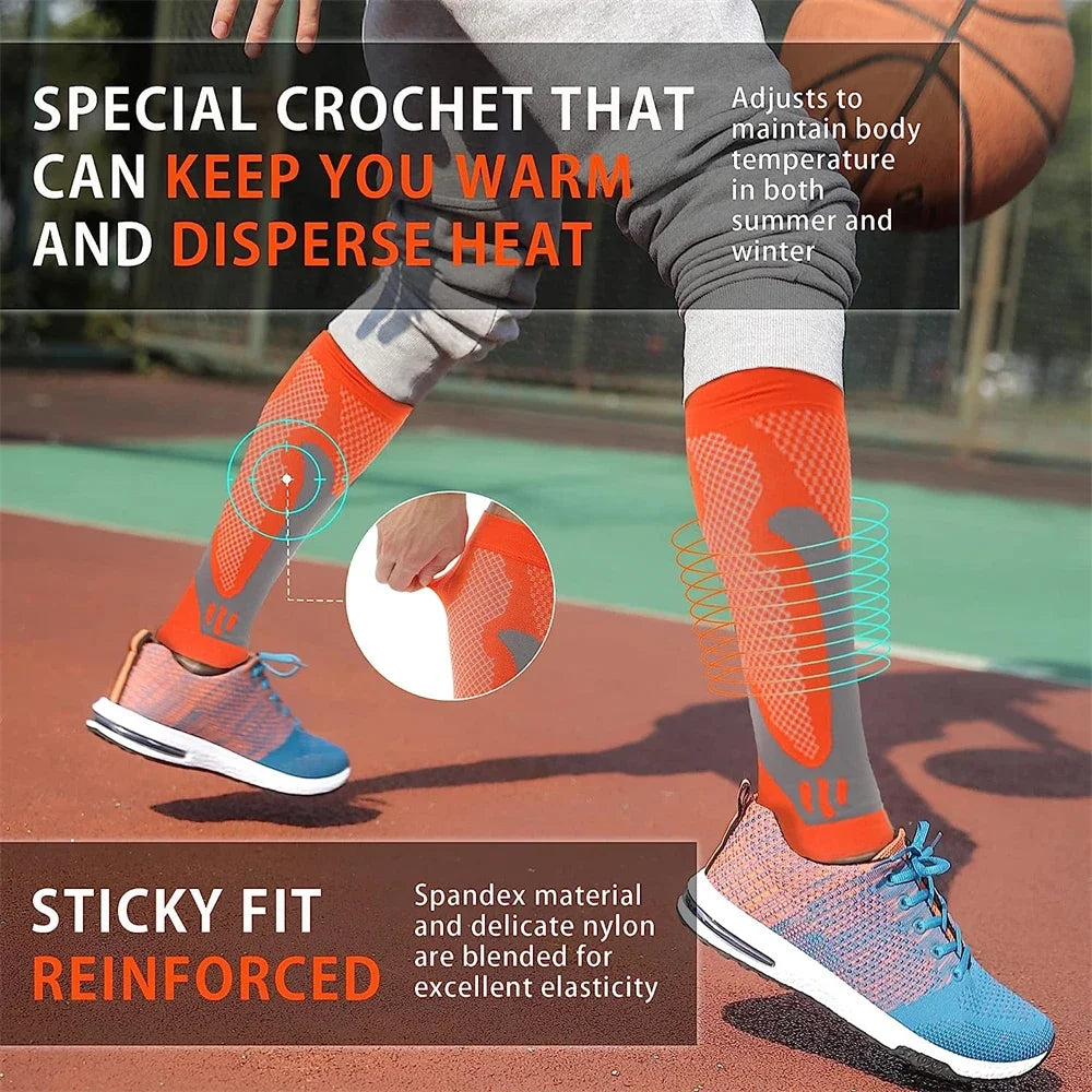 A person wearing orange calf compression sleeves and athletic shoes is shown in a sports context.