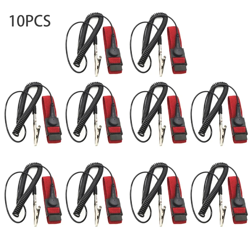 Ten adjustable ESD wrist straps in black and red for electronics safety
