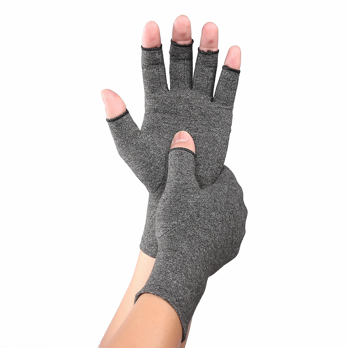 A hand wearing fingerless compression gloves for sports and activity.