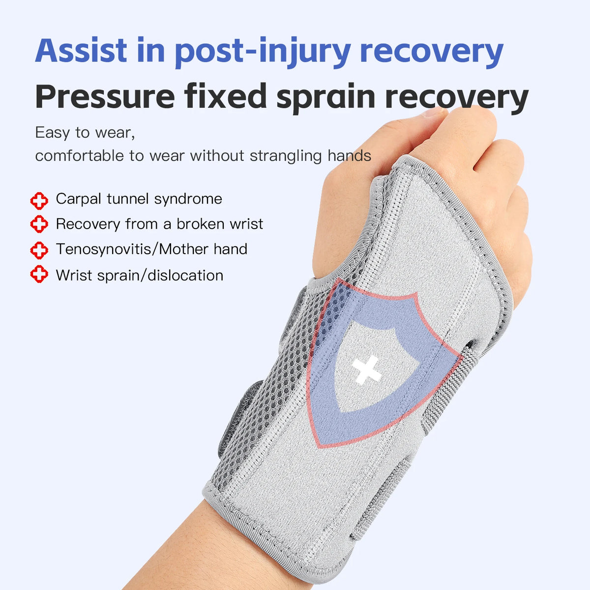A hand is wearing a gray pressure-fixed brace designed for post-injury recovery and wrist support.
