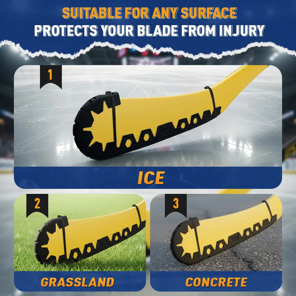 Manchon de protection jaune et noir pour lame de hockey sur glace, protégé sur la glace, l'herbe et le béton.