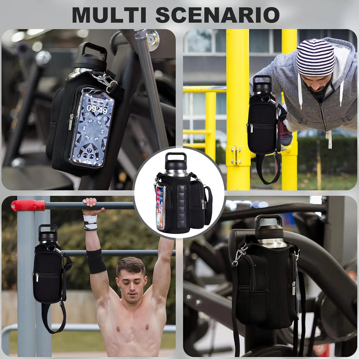 Multiple scenarios showing a magnetic accessory holder for water bottles and small items being used in gym and fitness contex
