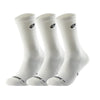 Three white athletic running socks with arch support features are displayed against a white background.