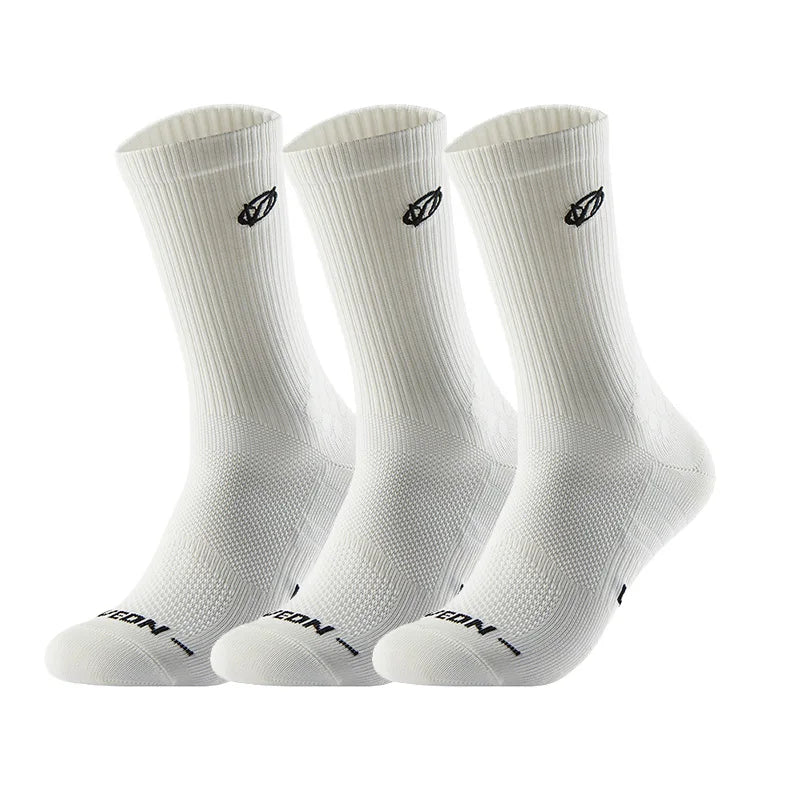 Three white athletic running socks with arch support features are displayed against a white background.
