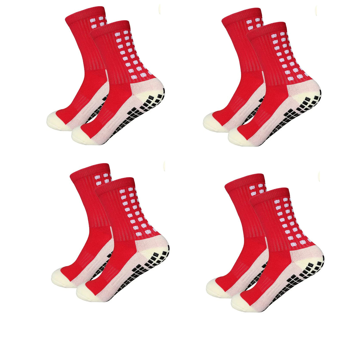 A set of red and white silicone grip socks for men, shown from above.