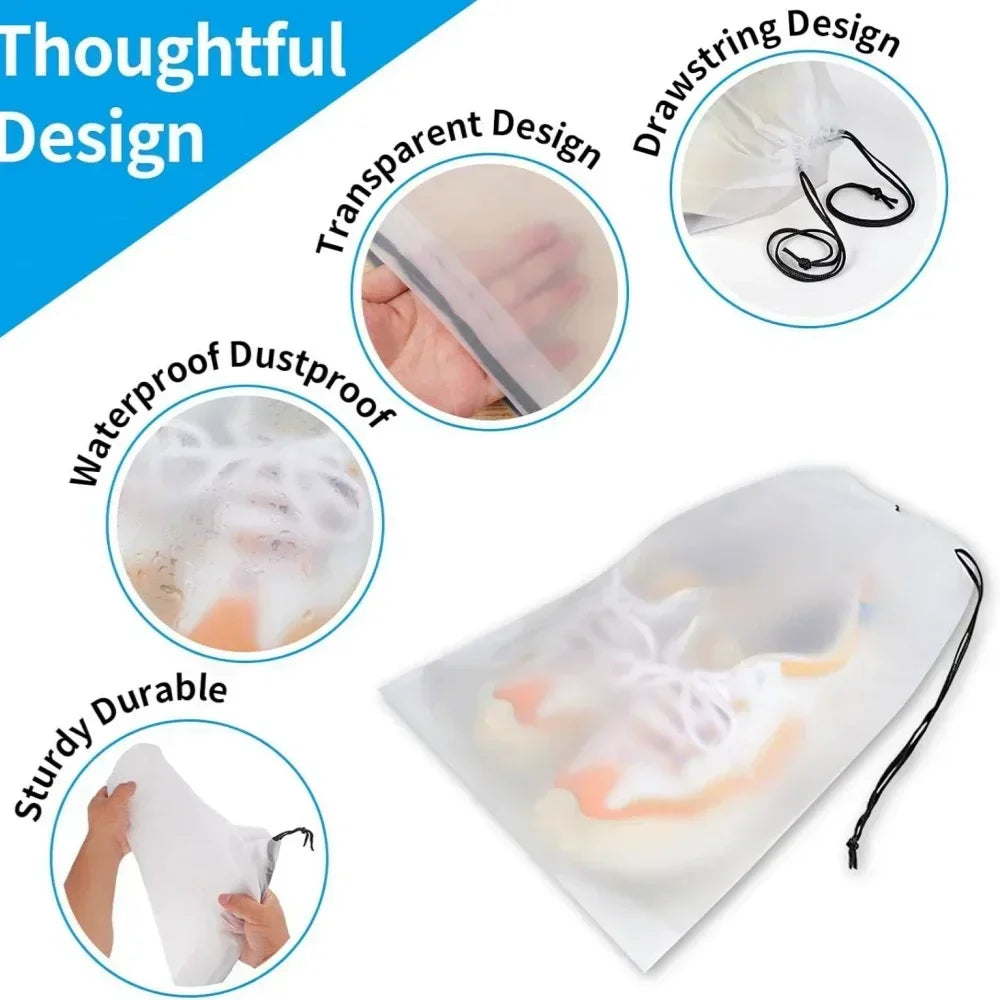 Various features of a reusable drawstring storage bag including transparent design, waterproof protection, and sturdy durabil